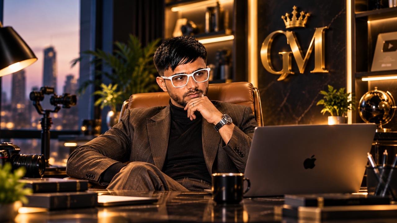 Gulam Mustafa, AI filmmaker, seated at his desk with a laptop