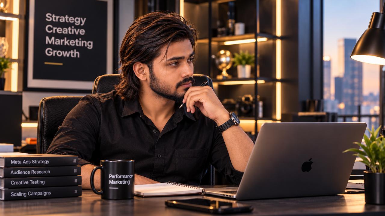 Performance marketer thinking at his desk with a laptop and notebook