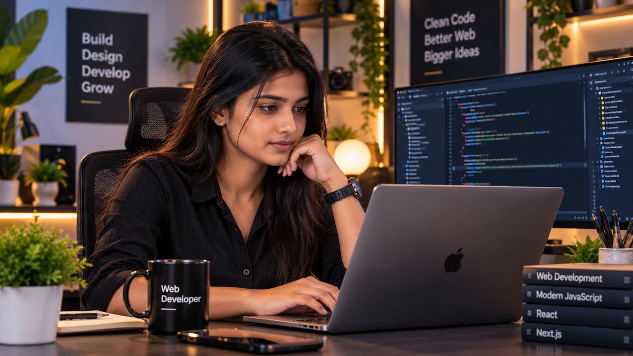 Web developer working on code at her desk